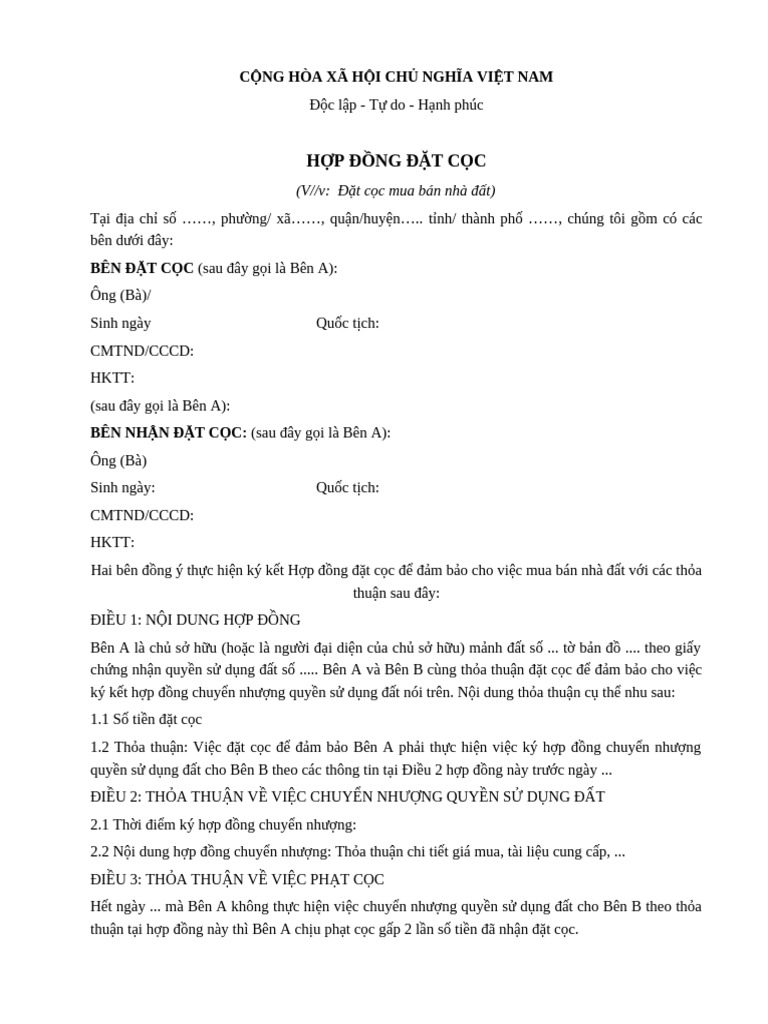 Hop Dong Dat Coc Mua Ban Nha Dat | PDF