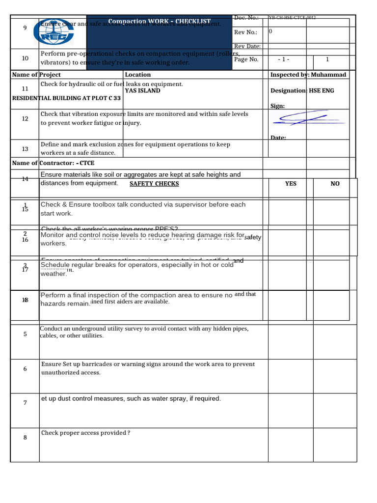 Compaction Safety Checklist | PDF | Personal Protective Equipment | Safety