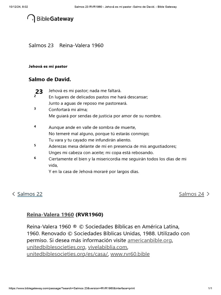 Salmo 23: Jehová es mi pastor | PDF