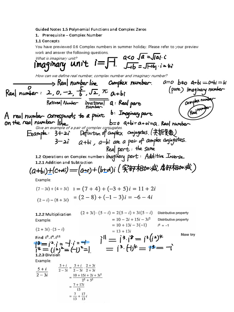 Notes 1.5 Polynomial Functions and Complex Zeros Updated Part 1 | PDF ...