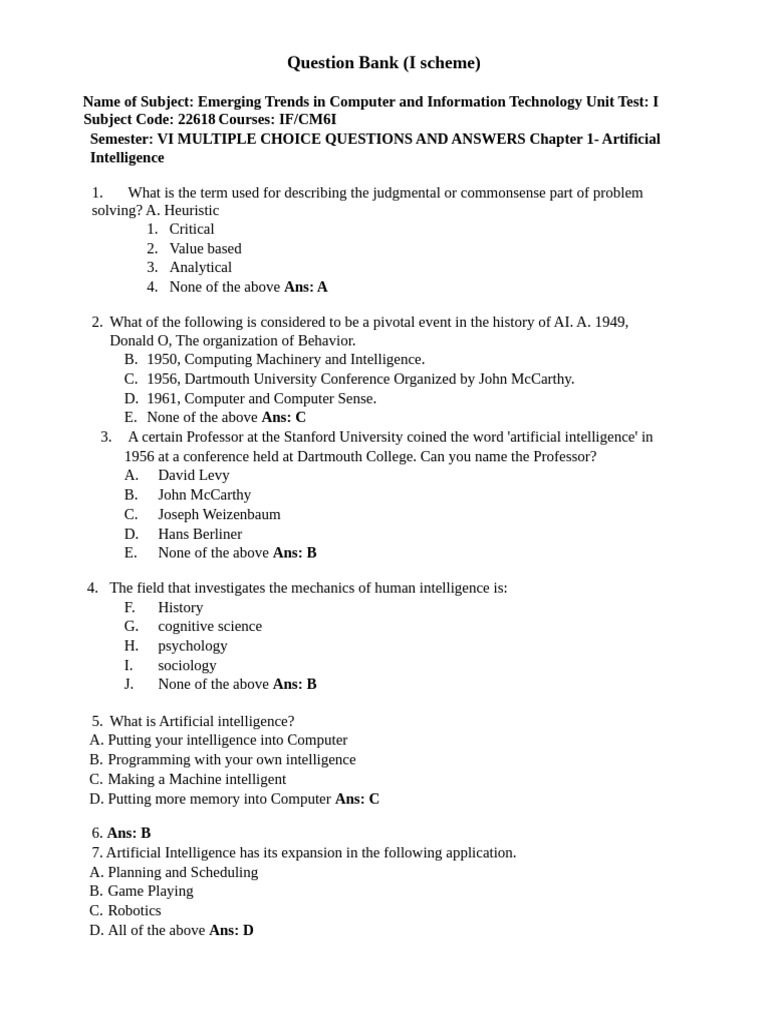 AI Trends: Unit Test Question Bank | PDF | Artificial Intelligence ...