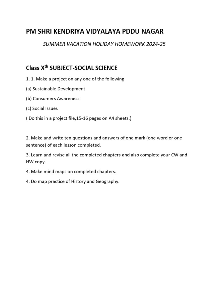 10 Holiday Homework SST | PDF