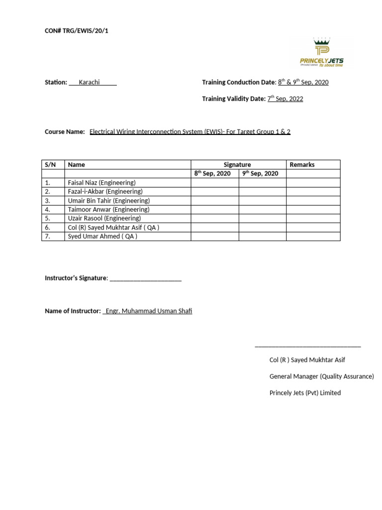 Attendance Sheet - EWIS Training | PDF