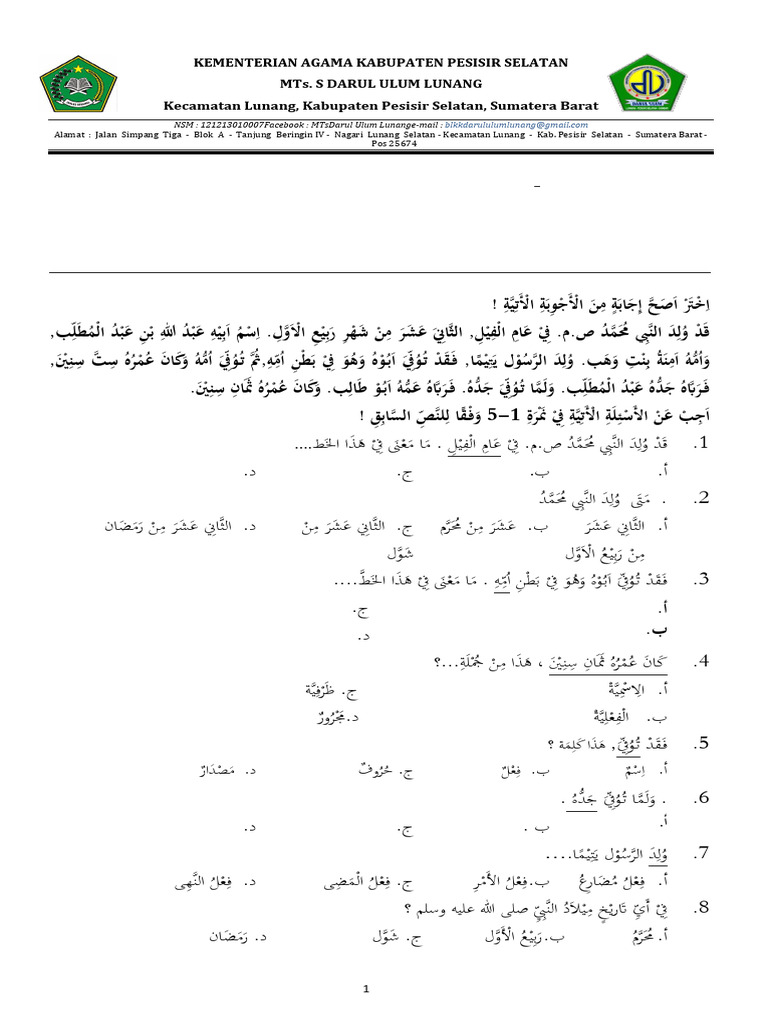 Soal PAS Bahasa Arab Kelas IX | PDF