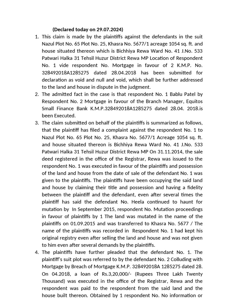 Land Dispute Case in Rewa MP | PDF | Lawsuit | Deed