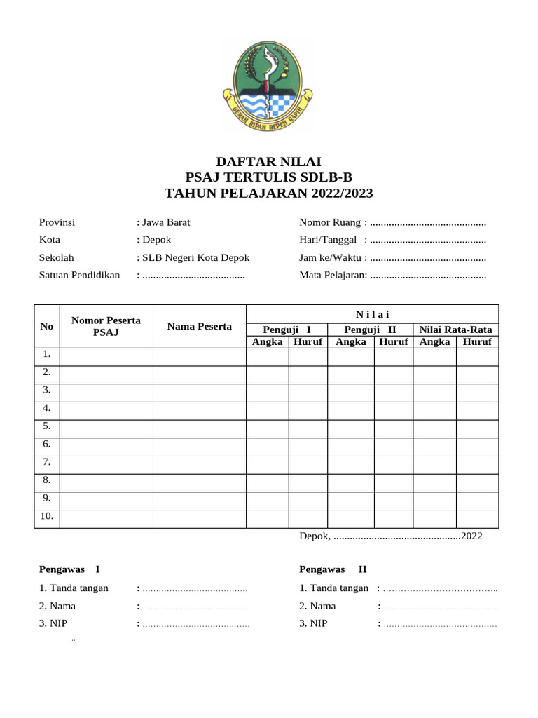 Daftar Nilai PSAJ SLB Depok 2022/2023 | PDF