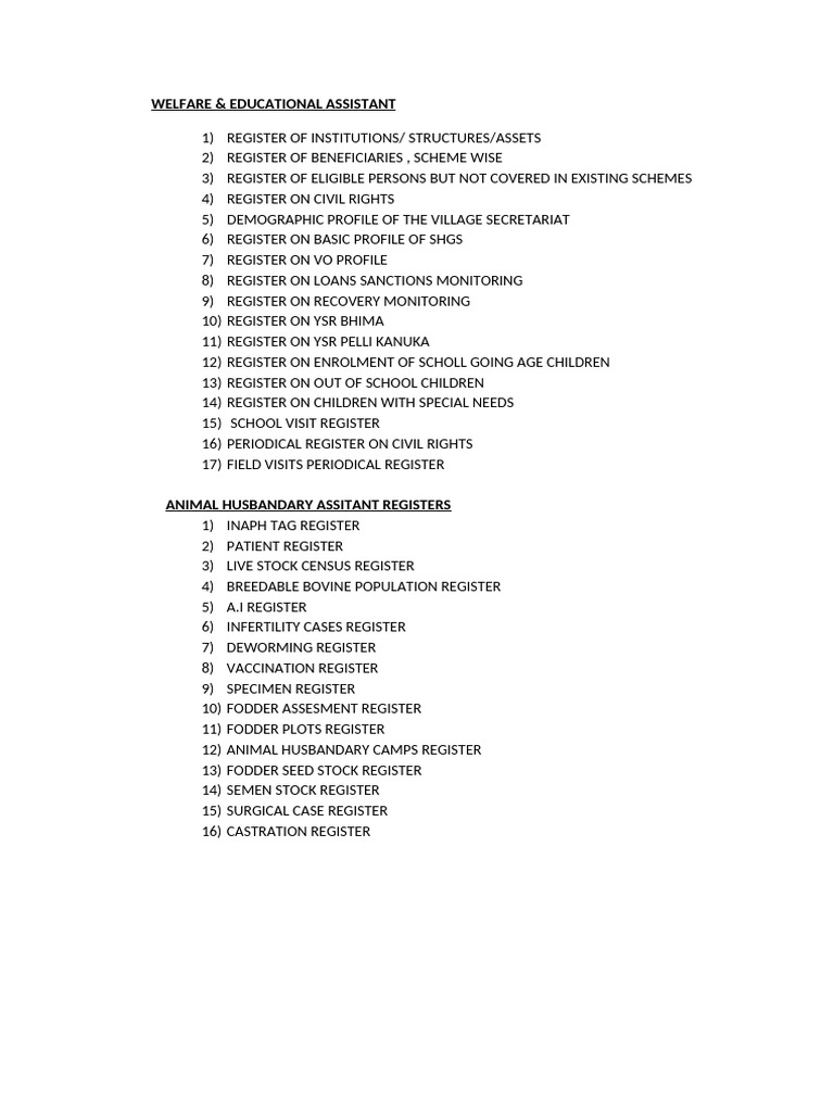 Registers to be maintained by grama sachivalayam functionaries pdf