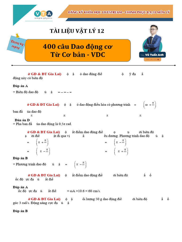 22. Thay Vu Tuan Anh. 400 Câu Dao Động Cơ Từ Cơ Bản Tới VDC | PDF
