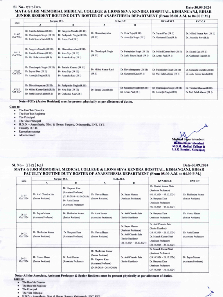 Anaesthesia Duty Roster | PDF | Surgery | Health Care