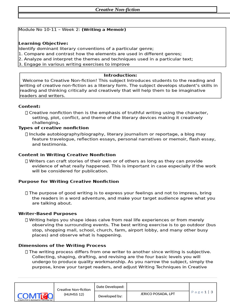 Writing a memoir week 10 11 2 weeks pdf creative nonfiction essays