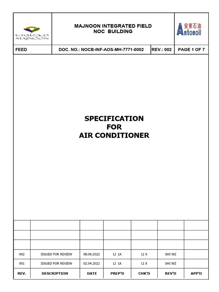 Air Conditioner Specification for NOCB | PDF | Specification (Technical ...