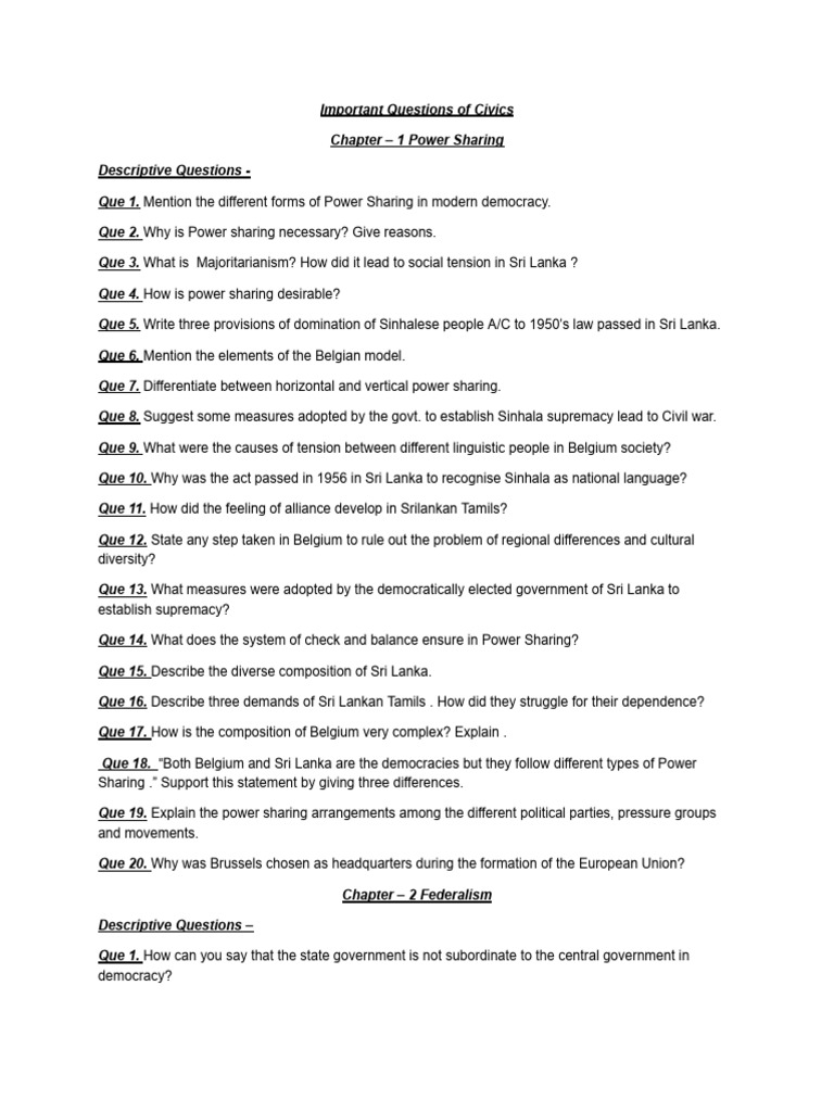 Imp. Questions of Civics Ch-1,2 (10th) | PDF | Sri Lanka | Government