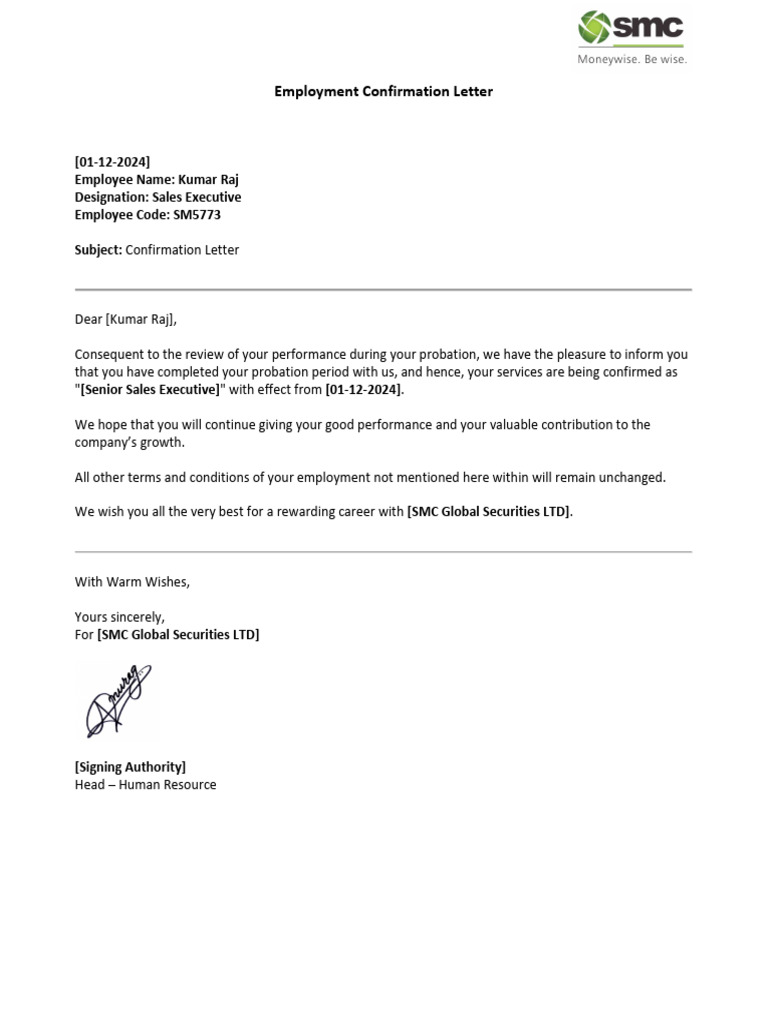 Employment Confirmation Letter Kumar Raj | PDF