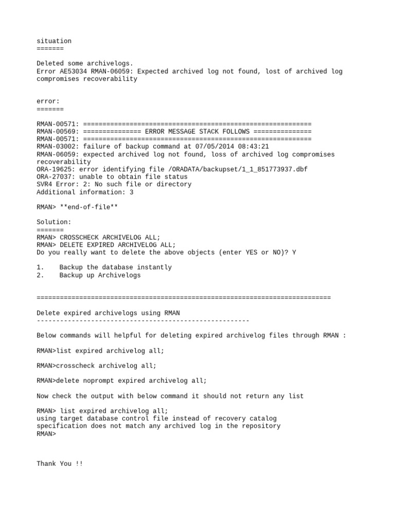 Oracle Logging ArchivelogsDeleted | PDF