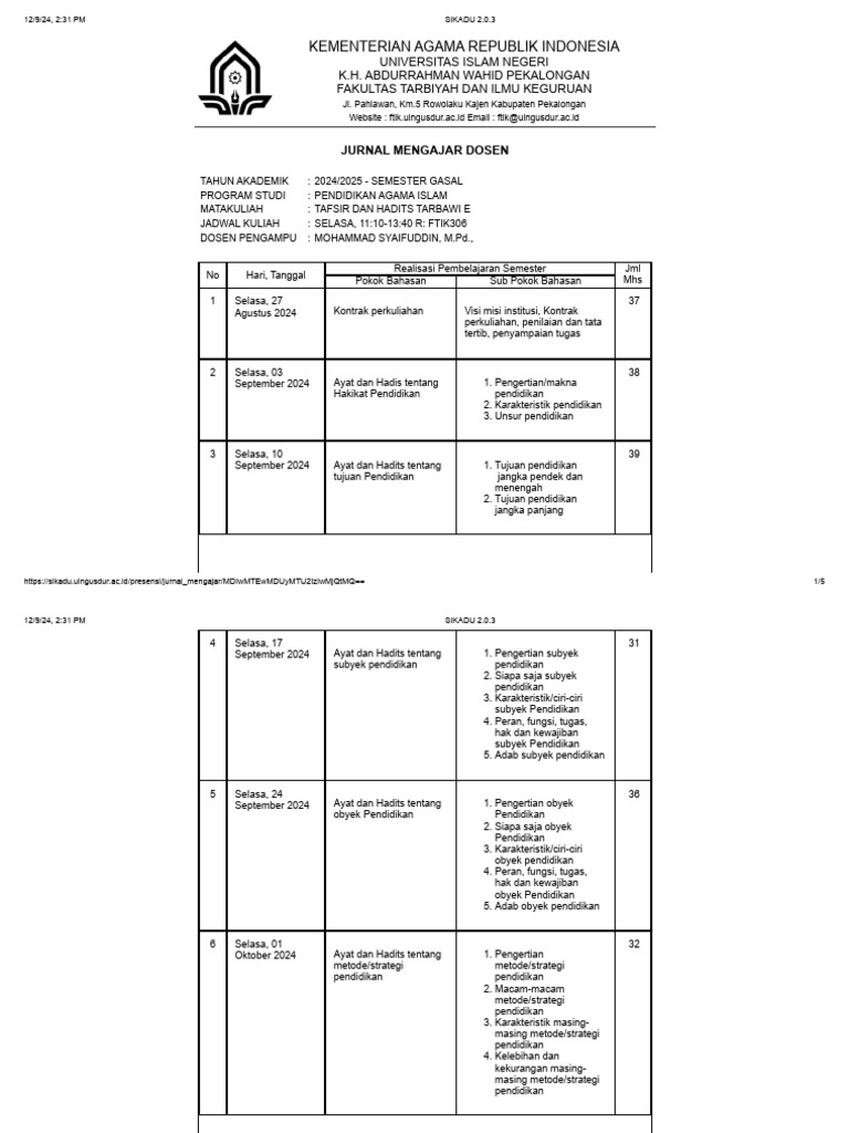 Jurnal Mengajar Dosen PAI 2024/2025 | PDF