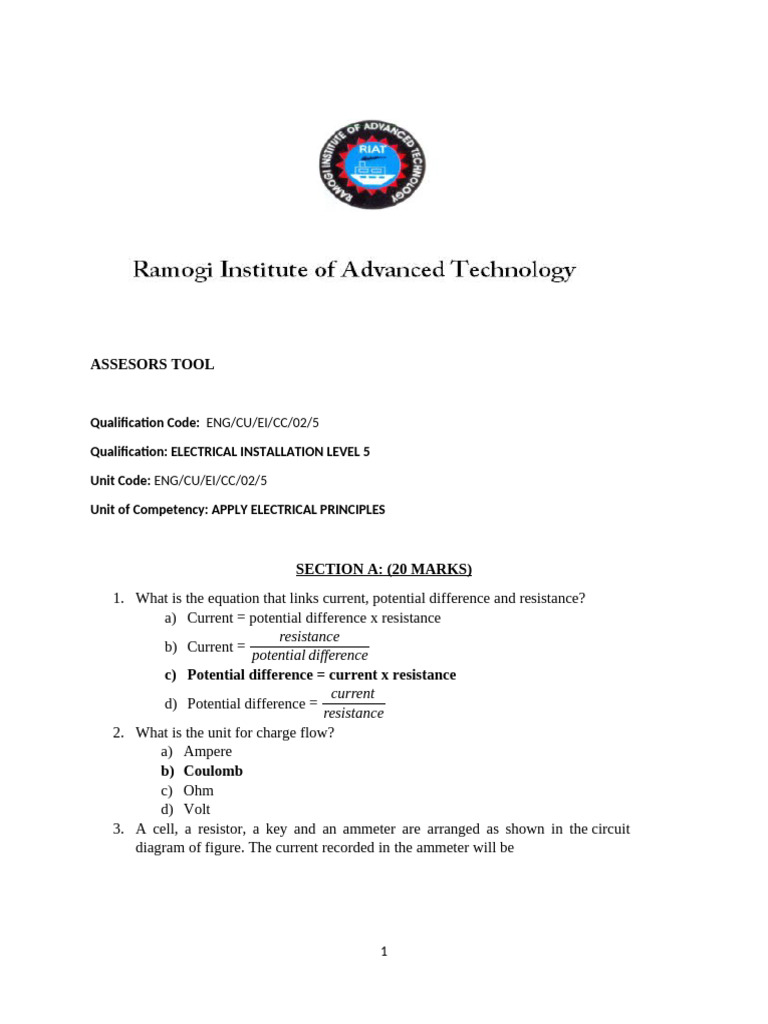 Electrical Principles Level 5 Assessment | PDF | Electrical Resistance ...