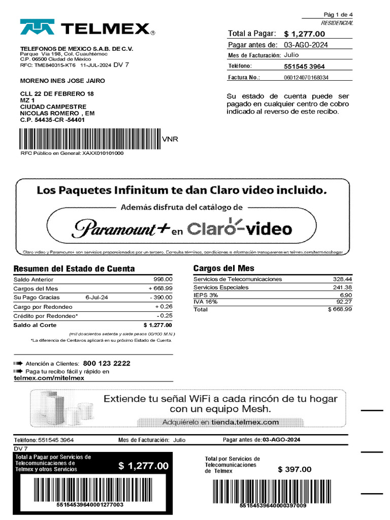 Recibo Telmex | PDF
