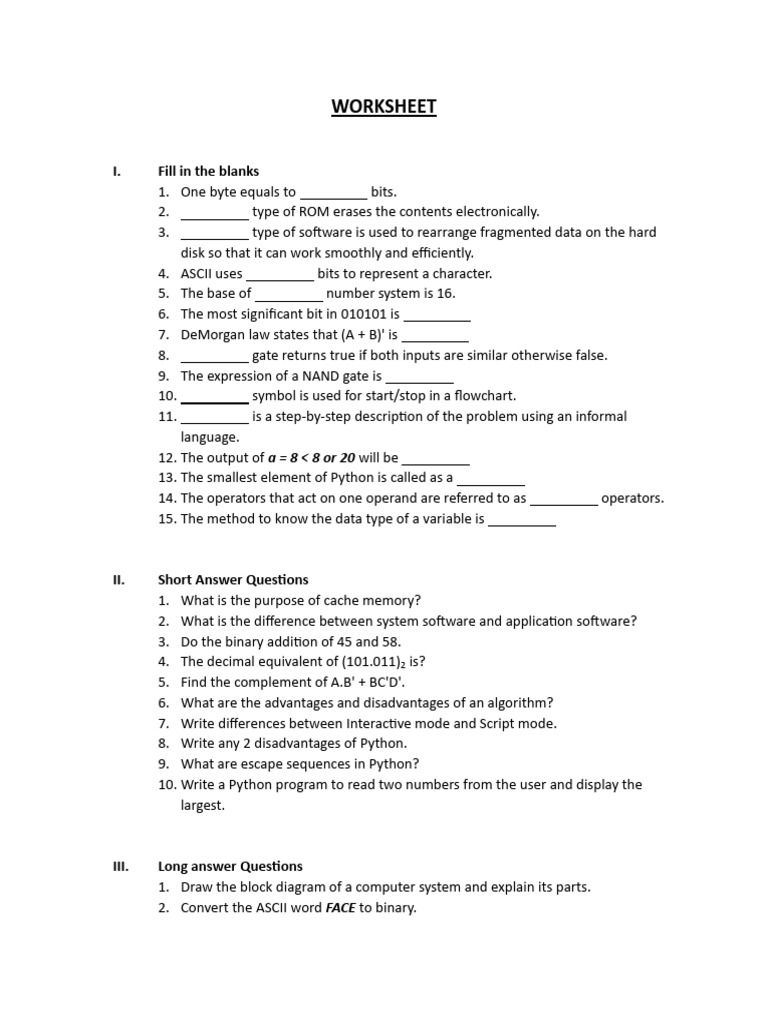 Computer Science Worksheet Answers | PDF | Bit | Computer Data