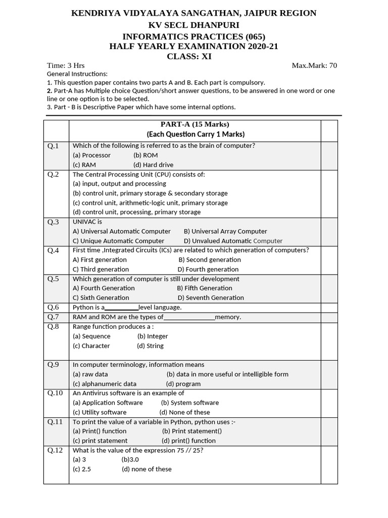 KV SECL Dhanpuri Class XI Exam 2020-21 | PDF | Computer Data Storage ...