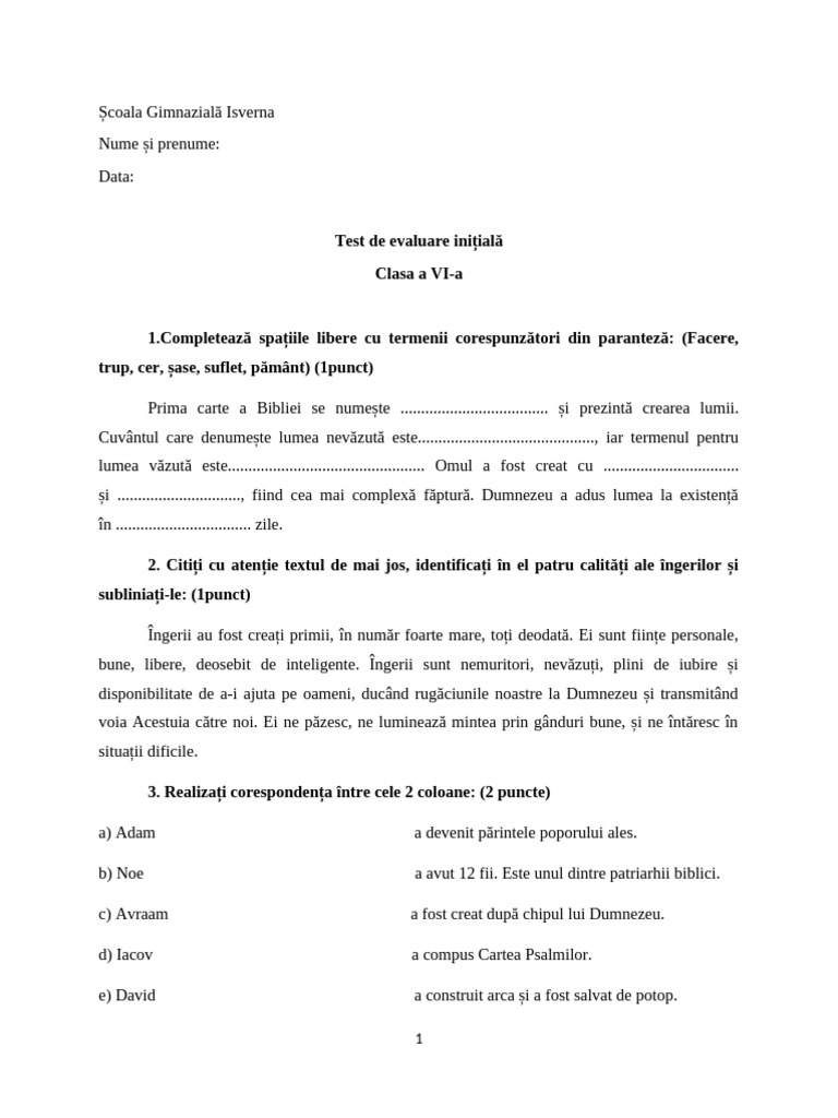 Test de Evaluare Initiala Clasa A VI-a | PDF