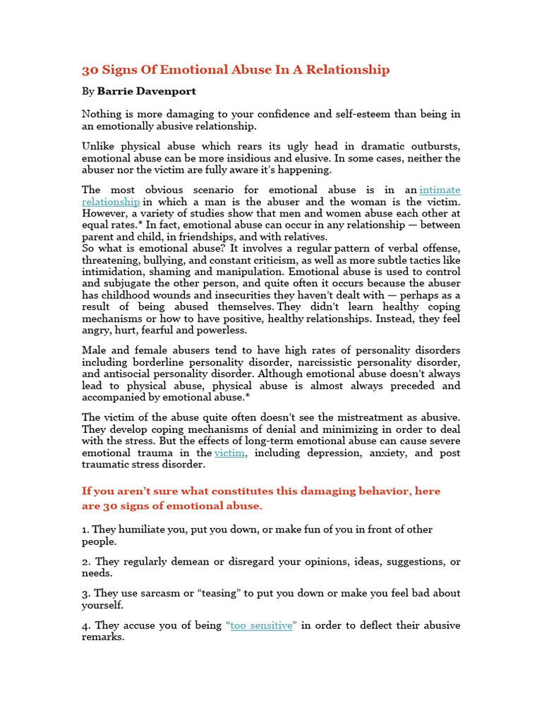 30 Signs of Emotional Abuse in Relationships | PDF | Psychological ...