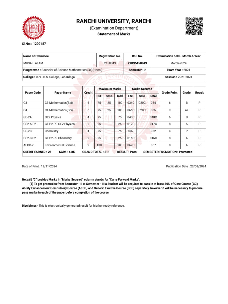 Semester 2 Marks Statement 2024 | PDF | Educational Stages | Vocational ...