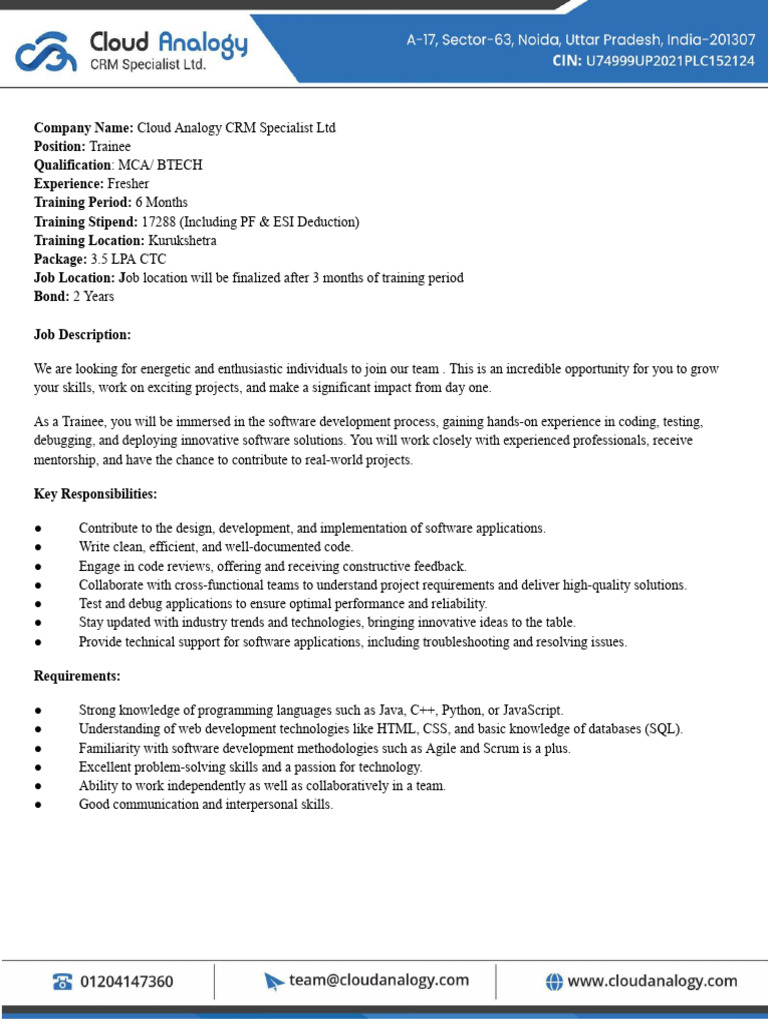 Freshers: Trainee Role in Software Dev | PDF