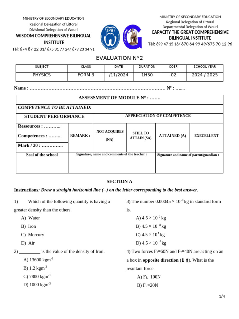 PHYSICS FORM 3 EVAL 2 | PDF | Density | Force