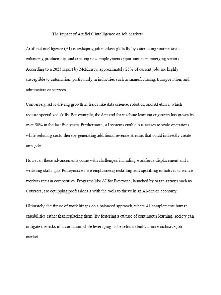 The Impact of Artificial Intelligence On Job Markets | PDF