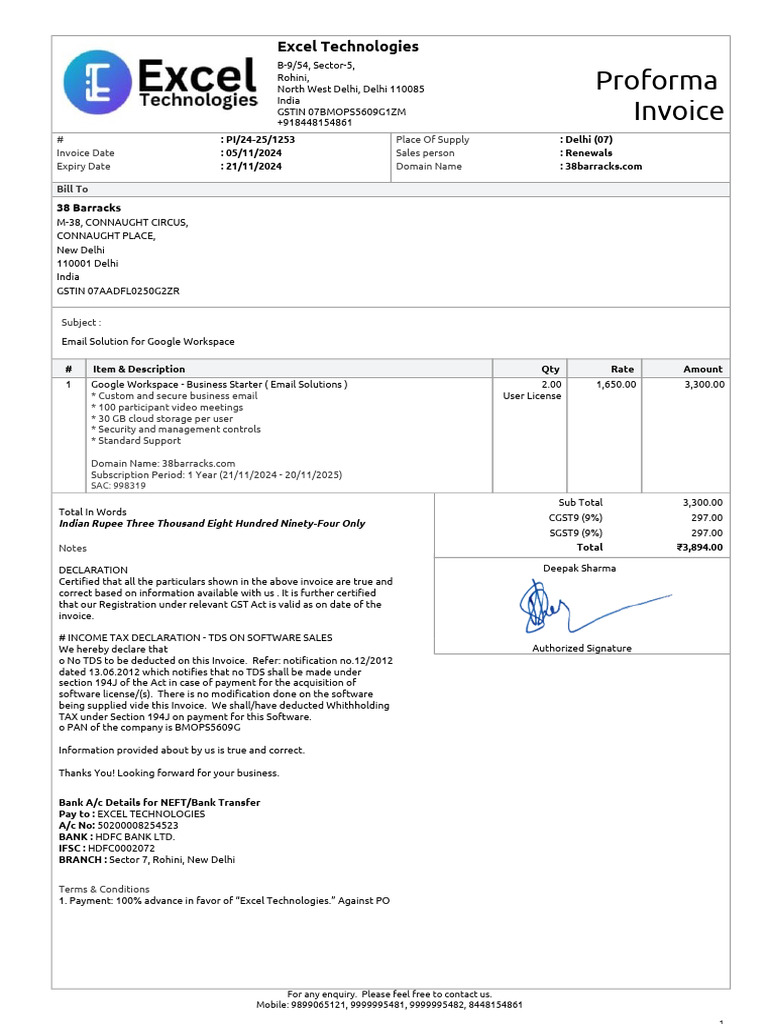 Proforma Invoice for Google Workspace | PDF | Invoice | Payments