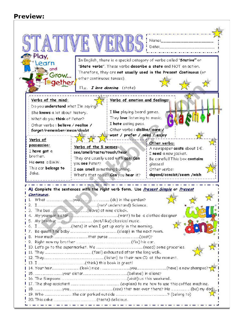 Stative Verbs - ESL Worksheet by Vickyvar | PDF