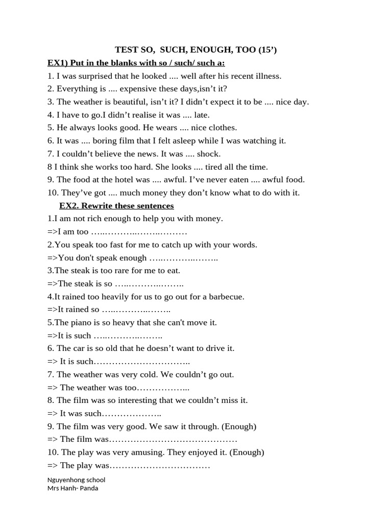 Test So, Such, Enough | PDF