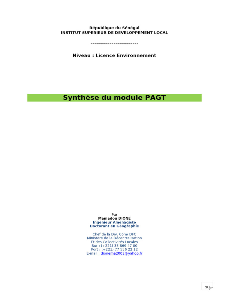 Synthèse du module PAGT au Sénégal | PDF | Planification ...