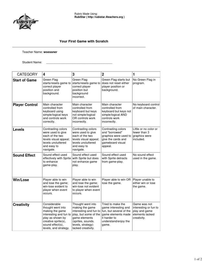 First Scratch Game Rubric PDF Leisure