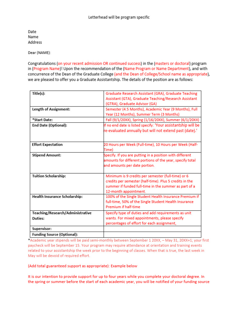 Graduate Assistantship Offer Letter | PDF | Fee | Academic Term
