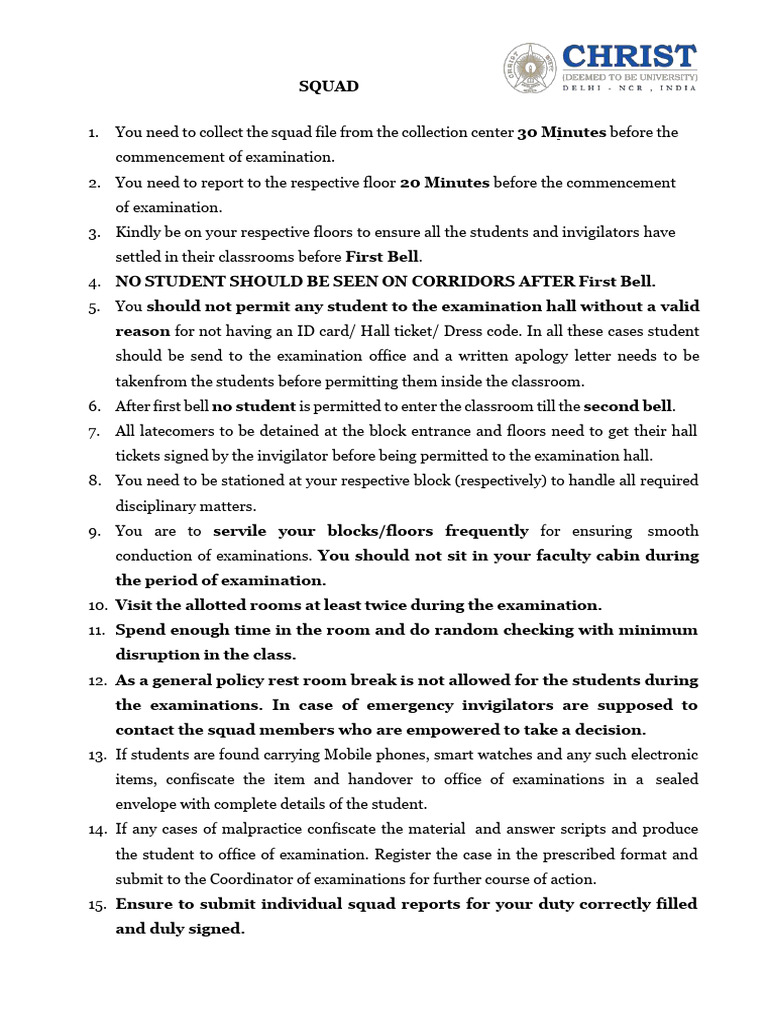 Examination Squad Instructions | PDF
