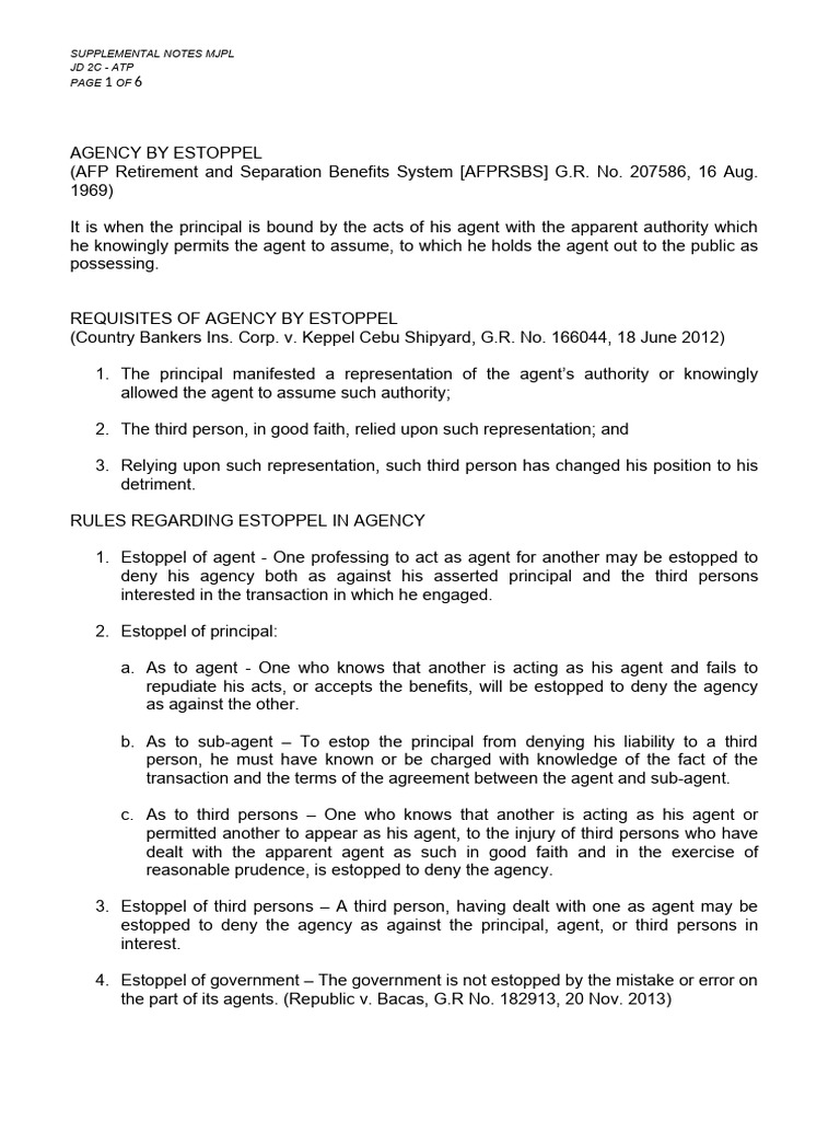 Agency and Trust Supplemental Notes | PDF | Law Of Agency | Estoppel