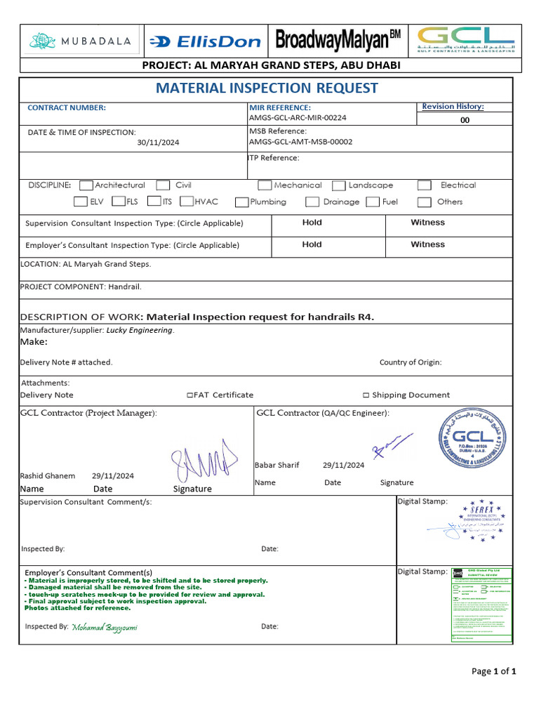 Material Inspection Request: Handrails R4 | PDF