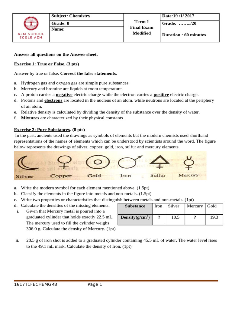 Grade 8 Chemistry Final Exam Guide | PDF | Chemical Elements | Chemical ...