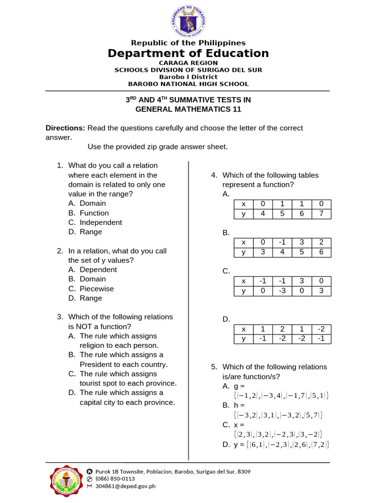 General Mathematics 11 Summative Tests | PDF | Function (Mathematics ...