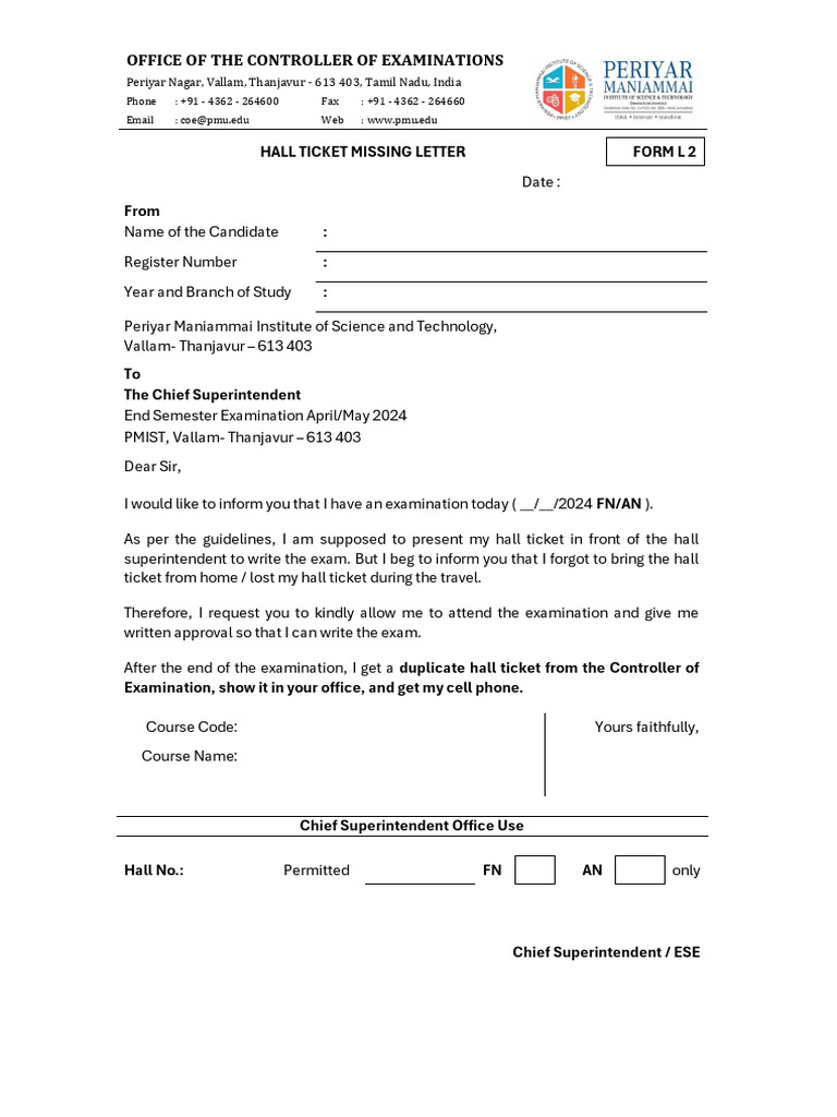 FORM L2-Hall Ticket Missing Letter | PDF