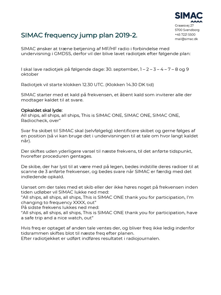 SIMAC Frequency Jump Plan 2019-2 Studerende | PDF