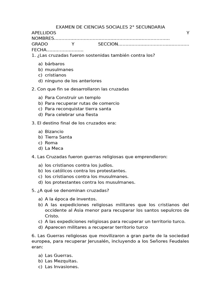 Examen de Ciencias Sociales 2° Secundaria | PDF