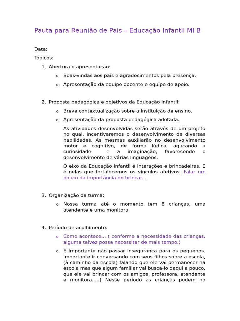 Pauta da Reunião de Pais - Educação Infantil | PDF | Pré-escola | Pedagogia
