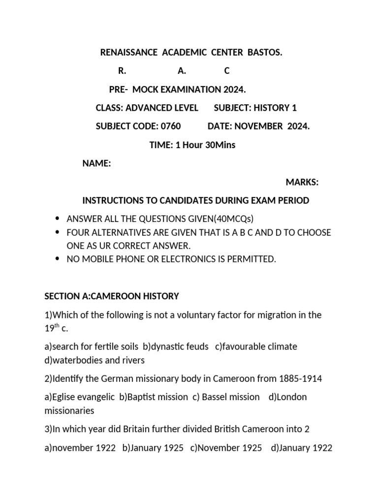 Advanced Level History Pre-Mock Exam 2024 | PDF | Cameroon ...