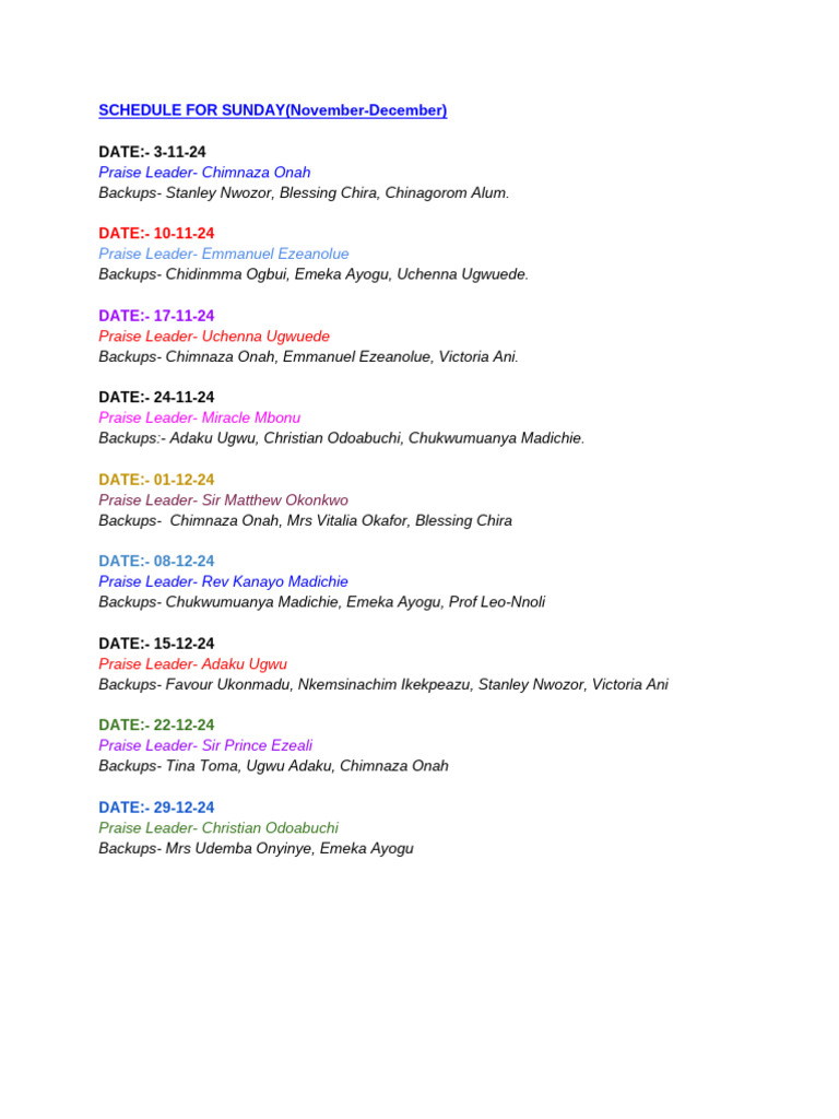 SCHEDULE FOR SUNDAY (November-December) | PDF