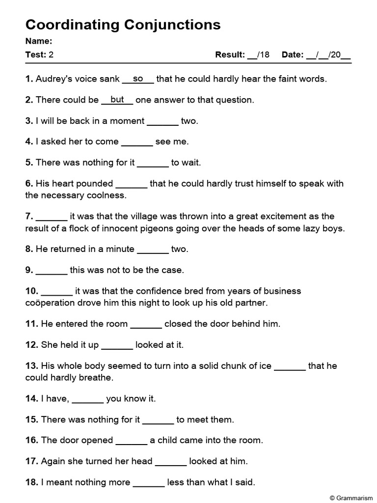 Grammarism Coordinating Conjunctions Test 2 1879392 | PDF