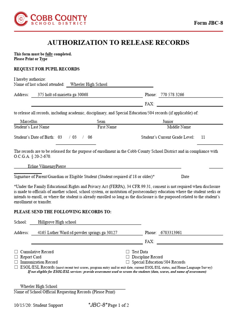 Authorization for Student Record Release | PDF | English As A Second Or ...