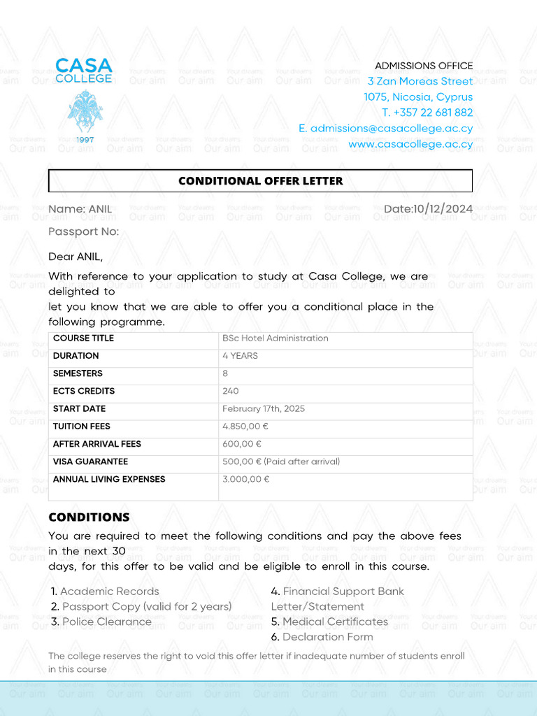 ANIL - CasaCollege - Offer Received | PDF