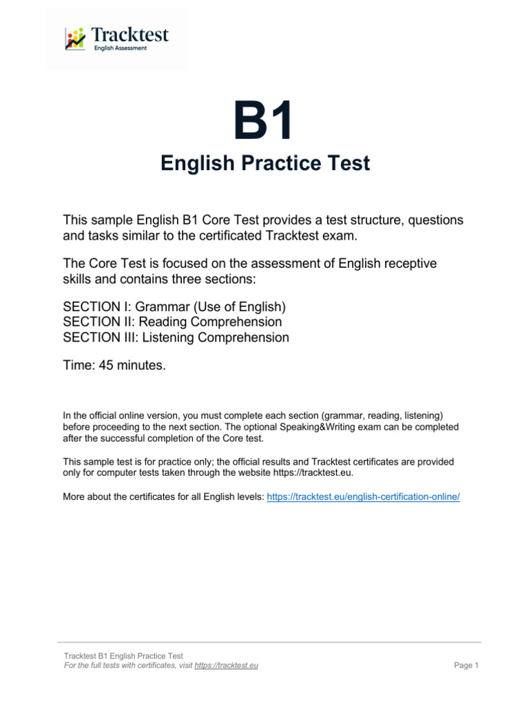 B1 English Practice Test Sample | PDF | Grammatical Tense | Adverb